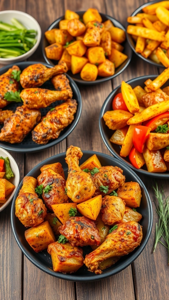 A variety of air fryer meals including chicken, potatoes, and vegetables on a wooden table.